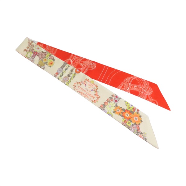 橘色/米色 花卉 絲綢 Twilly 絲巾【HERMES 愛馬仕】 H064220S