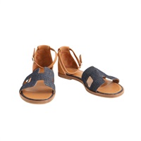 HERMES 愛馬仕 Santorini Sandal 涼鞋 #37 藍色丹寧 棕色牛皮 H231106Z 49380