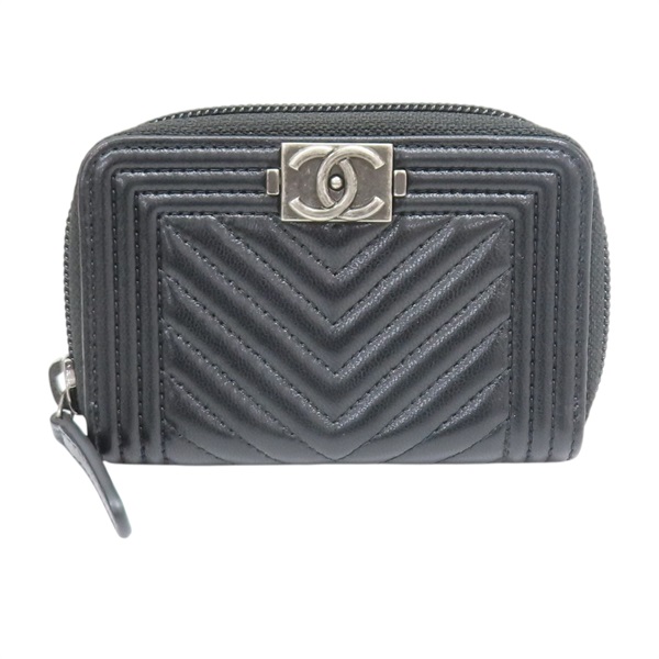 黑色 山形紋 羊皮 BOY 零錢包【CHANEL 香奈兒】 A80602