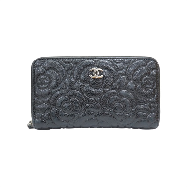 黑色 牛皮 山茶花壓紋 拉鍊中夾 【CHANEL 香奈兒】