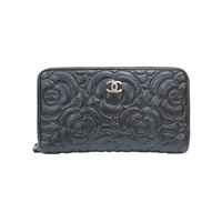 黑色 牛皮 山茶花壓紋 拉鍊中夾 【CHANEL 香奈兒】