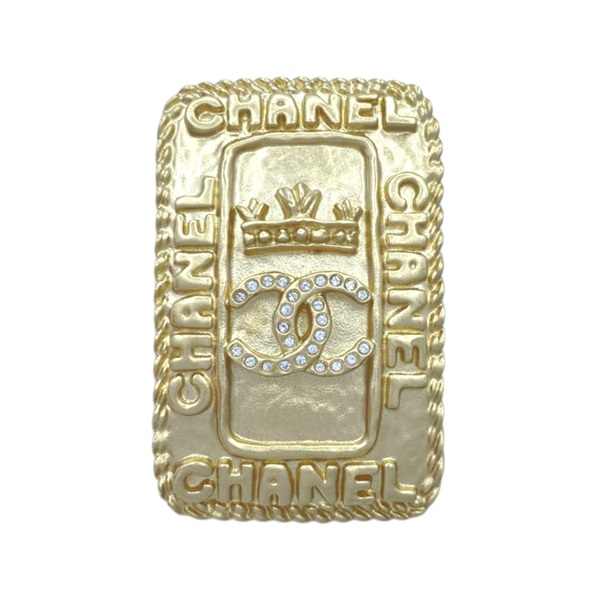 淺金色 鍍金 皇冠 雙C 水晶 方型 胸針【CHANEL 香奈兒】