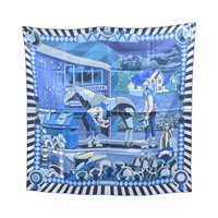 藍色 絲綢 Pony Pit Stop 方巾 90x90【HERMES 愛馬仕】 H904207Sv02