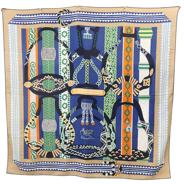 藍/綠色 絲質羊絨 Fantaisie d'Etriers shawl 140 披巾【HERMES 愛馬仕】 H243921S 08