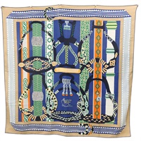 藍/綠色 絲質羊絨 Fantaisie d'Etriers shawl 140 披巾【HERMES 愛馬仕】 H243921S 08