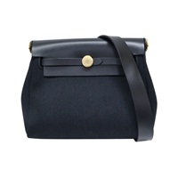 黑色 牛皮/帆布 Herbag Zip 20 Mini 肩背包 W刻 金釦【HERMES 愛馬仕】