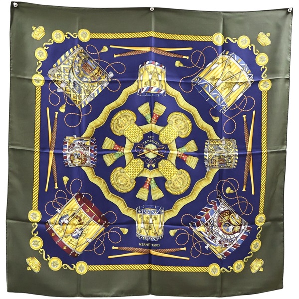 綠色 Les Tambours 絲綢 絲巾 90x90【HERMES 愛馬仕】