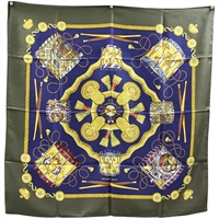 綠色 Les Tambours 絲綢 絲巾 90x90【HERMES 愛馬仕】
