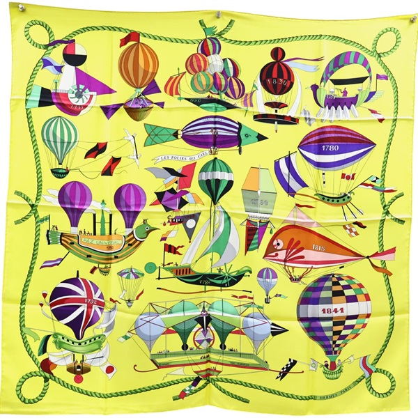 黃色 Les Folies du Ciel 絲綢 絲巾 90x90【HERMES 愛馬仕】