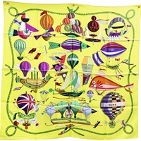 黃色 Les Folies du Ciel 絲綢 絲巾 90x90【HERMES 愛馬仕】