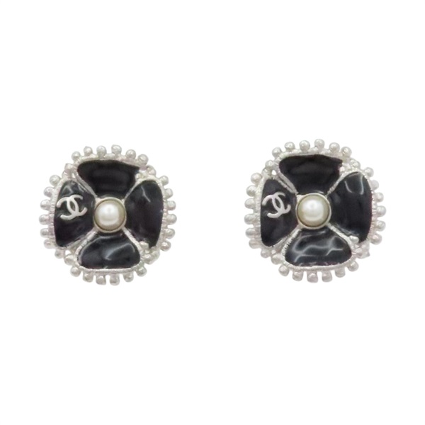 銀色 金屬 黑色琺瑯 珍珠 山茶花 雙C 耳環【CHANEL 香奈兒】