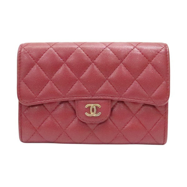 磚紅色 菱格紋 荔枝牛皮 Matelasse 扣式中夾 金釦【CHANEL 香奈兒】