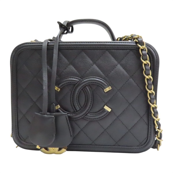 黑色 格紋 荔枝牛皮 CC Filigree Vanity Case 化妝包 兩用包【CHANEL 香奈兒】 A93343