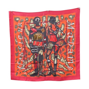 Monsieur et Madame 90 方巾 黑/橘/紅色 絲綢【HERMES 愛馬仕】