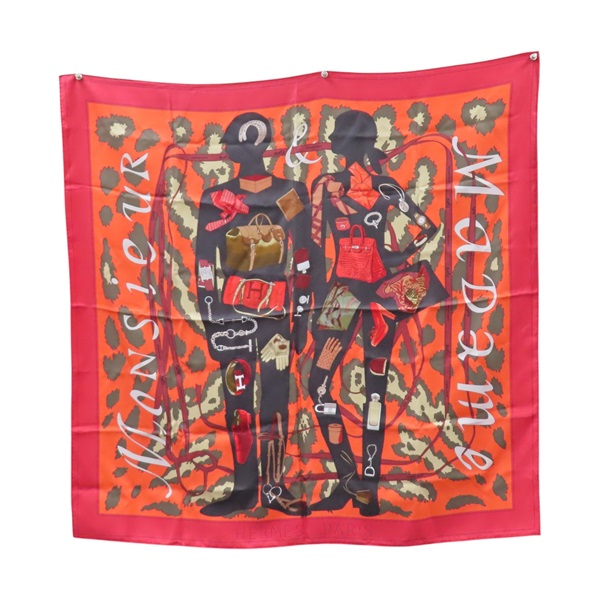 黑/橘/紅色 絲綢 Monsieur et Madame方巾 90x90【HERMES 愛馬仕】