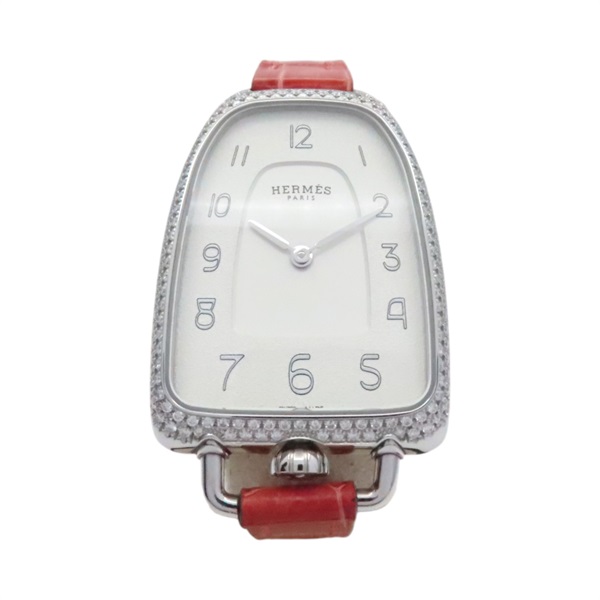 白錶面 紅色鱷魚皮錶帶 不鏽鋼 Galop d'Hermes 鑽石 石英錶【HERMES 愛馬仕】 GA1.230