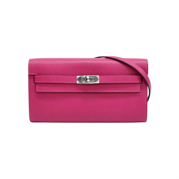 粉紅玫瑰墨西哥色 Chevre山羊皮 Kelly To Go Wallet 肩背包 B刻 銀釦【HERMES 愛馬仕】