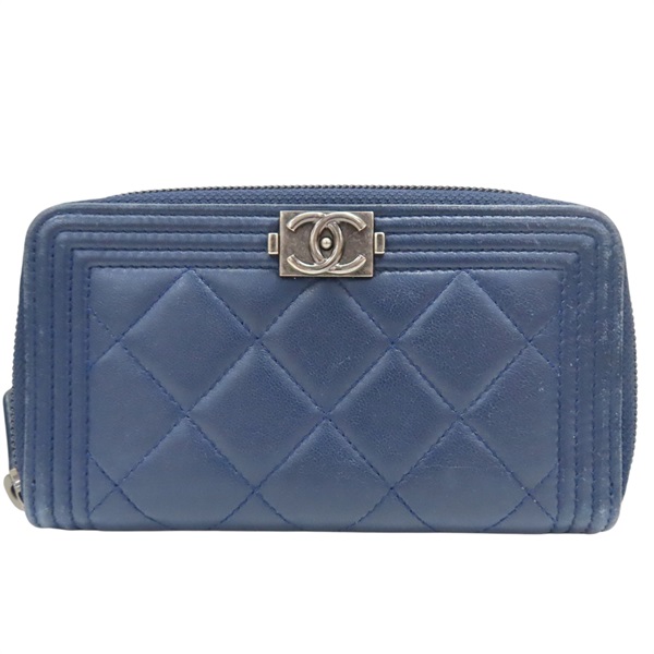 藍色 羊皮 Boy 拉鍊中夾 銀釦 (無卡)【CHANEL 香奈兒】