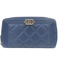 藍色 羊皮 Boy 拉鍊中夾 銀釦 (無卡)【CHANEL 香奈兒】