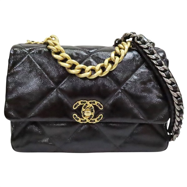 黑色 漆皮皮革 19 口蓋包 鍊帶肩背包【CHANEL 香奈兒】 AS1161