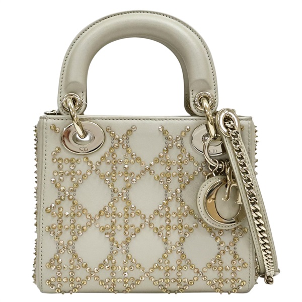 米灰色 水鑽 羊皮 Mini Lady Dior 兩用包【Dior 迪奧】 M0505OREJ
