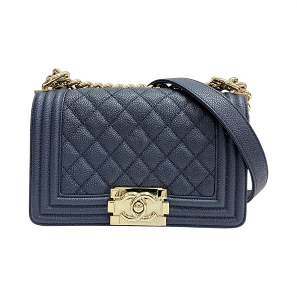 深藍色 荔枝紋 牛皮 Boy 20 鍊帶 肩背包 金釦【CHANEL 香奈兒】 A67085