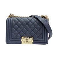 深藍色 荔枝紋 牛皮 Boy 20 鍊帶 肩背包 金釦【CHANEL 香奈兒】 A67085