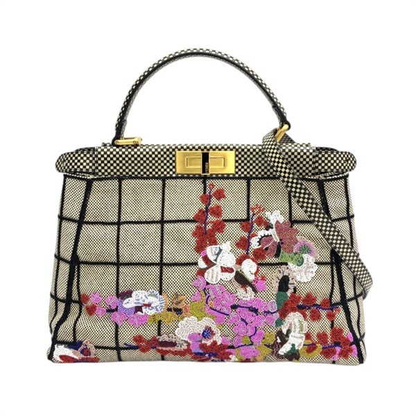 棕色 帆布 花卉珠飾 Peekaboo 兩用包【FENDI 芬迪】 8BN226