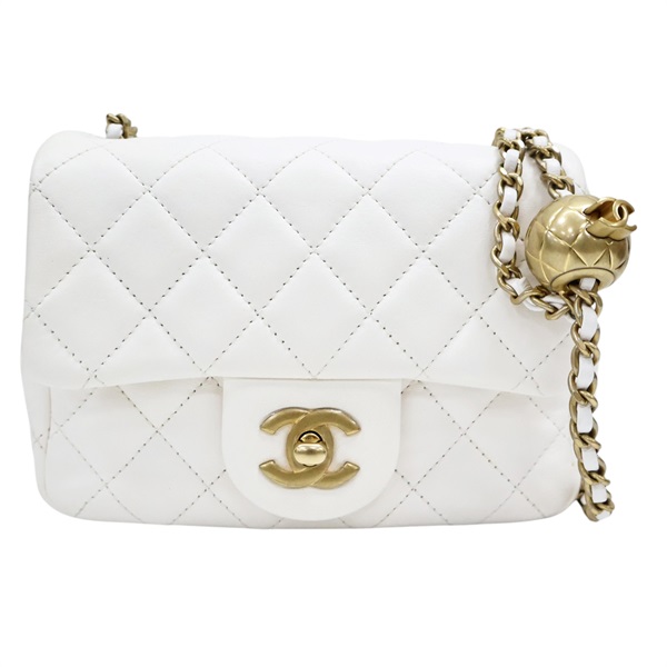 白色 菱格紋 羊皮 Pearl Crush 金球鏈條 肩背包 金釦【CHANEL 香奈兒】 AS1786