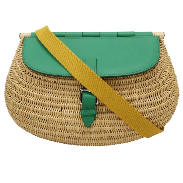 綠色 牛皮 柳條編織 Picnic Fishing basket 肩背包【HERMES 愛馬仕】