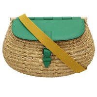 綠色 牛皮 柳條編織 Picnic Fishing basket 肩背包【HERMES 愛馬仕】