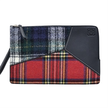 紅綠色毛呢 黑色牛皮 Puzzle Tartan Flap 手拿包【LOEWE 羅威】