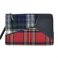 紅綠色毛呢 黑色牛皮 Puzzle Tartan Flap 手拿包【LOEWE 羅威】