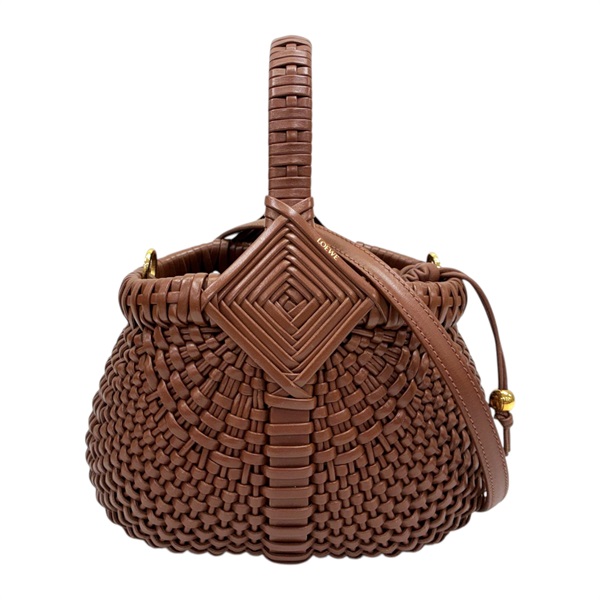 棕色 編織牛皮 Mini Diamond round basket 兩用包【LOEWE 羅威】 A521DRSX03