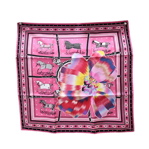 桃紅色 絲綢 Couvetures et Tenues de Jour 方巾 55x55【HERMES 愛馬仕】