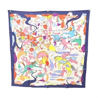 藍/白色 絲綢 Mille et Un Lapins 方巾 90x90【HERMES 愛馬仕】