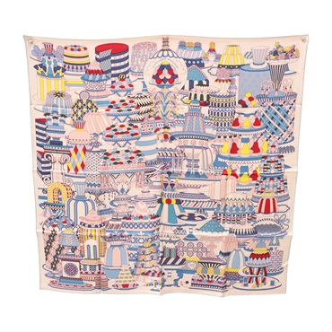 粉/藍色 絲綢   La Patisserie Francaise 方巾 90x90【HERMES 愛馬仕】