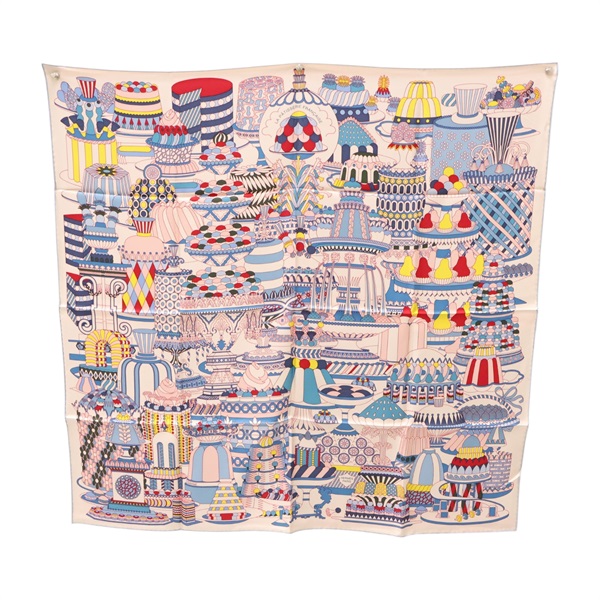 粉/藍色 絲綢   La Patisserie Francaise 方巾 90x90【HERMES 愛馬仕】
