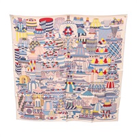 粉/藍色 絲綢   La Patisserie Francaise 方巾 90x90【HERMES 愛馬仕】