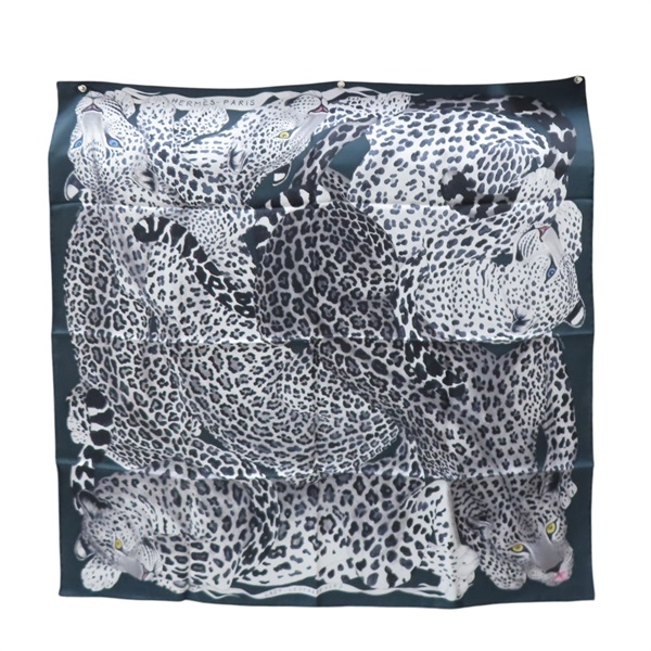 黑/綠色 絲綢  Lazy Leopardesses 方巾 90x90【HERMES 愛馬仕】