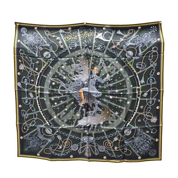 深綠色 絲綢  Chest la Fete 方巾 90x90【HERMES 愛馬仕】