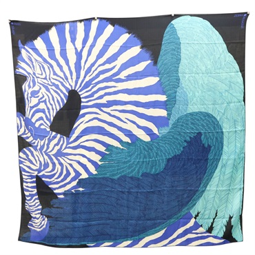 藍/綠/黑色 羊絨真絲 Carre 140 Zebra pegasus 披巾【HERMES 愛馬仕】