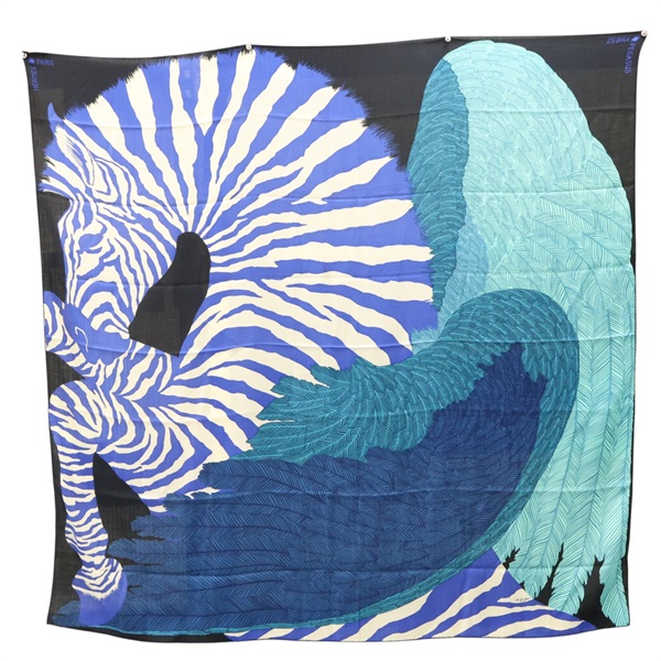 藍/綠/黑色 羊絨真絲 Carre 140 Zebra pegasus 披巾【HERMES 愛馬仕】