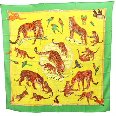 綠色 羊絨真絲 Carre 140 Tendresse Feline 披巾【HERMES 愛馬仕】