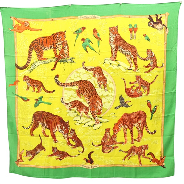 綠色 羊絨真絲 Carre 140 Tendresse Feline 披巾【HERMES 愛馬仕】