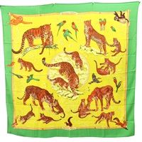 綠色 羊絨真絲 Carre 140 Tendresse Feline 披巾【HERMES 愛馬仕】