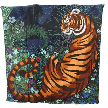 綠/橘色 羊絨真絲 Carre 140 Tyger Tyger 披巾【HERMES 愛馬仕】