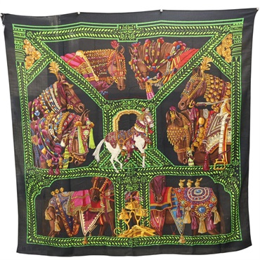 黑色 羊絨真絲 Carre 140 La Danse du Cheval Marwari 披巾【HERMES 愛馬仕】
