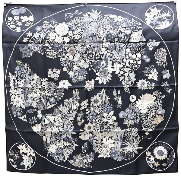 黑色 絲綢 PLANIFLEURS Scarf 90 絲巾【HERMES 愛馬仕】 H003965S