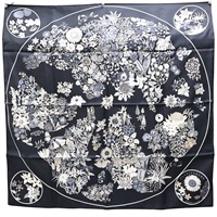 黑色 絲綢 PLANIFLEURS Scarf 90 絲巾【HERMES 愛馬仕】 H003965S